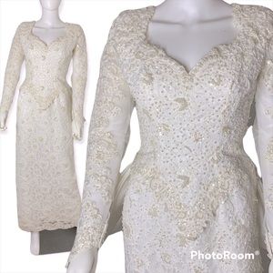 Mori Lee Vintage 80s 90s Beaded Sequins White and Ivory Wedding Dress Size 8